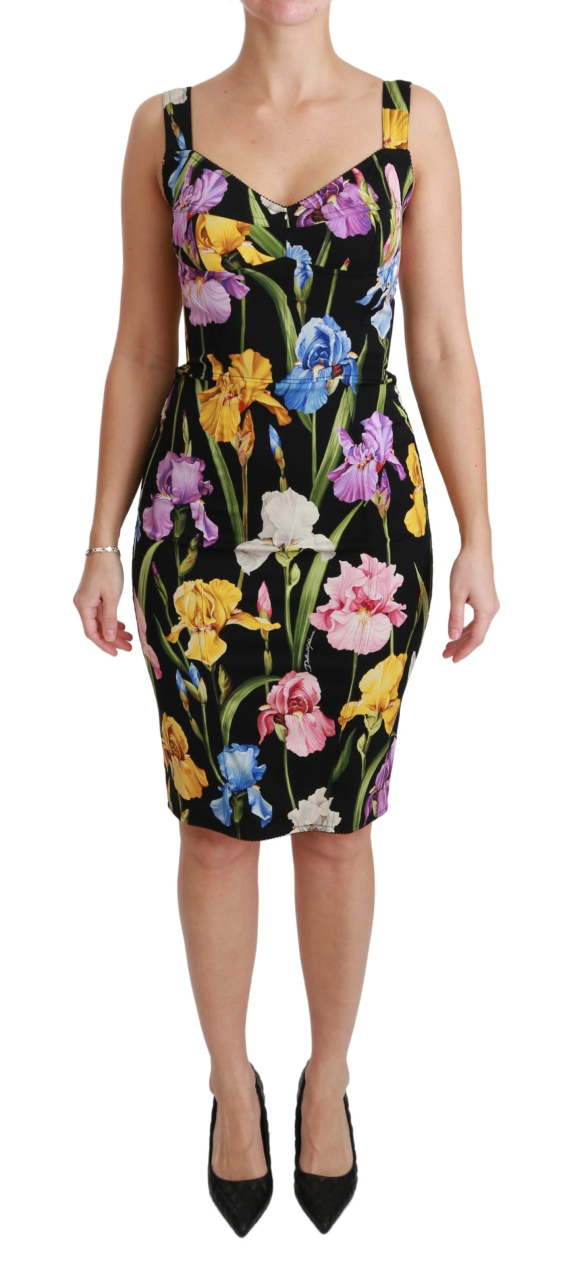 Dolce & Gabbana Women's Iris Print Silk Stretch Dress Black DR2452 - IT40|S