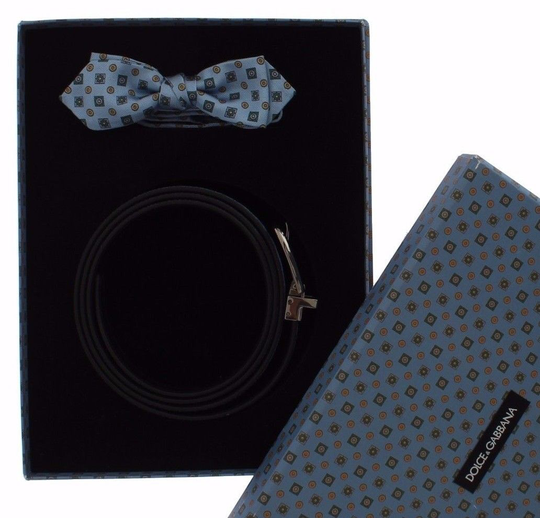 Blue Silk Bowtie Leather Men Belt Gift Box - 115 cm / 46 Inches