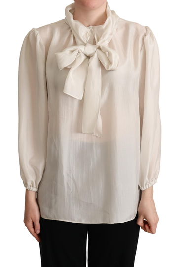 Light Gray Ascot Collar Shirt Silk Blouse Top - IT44|L