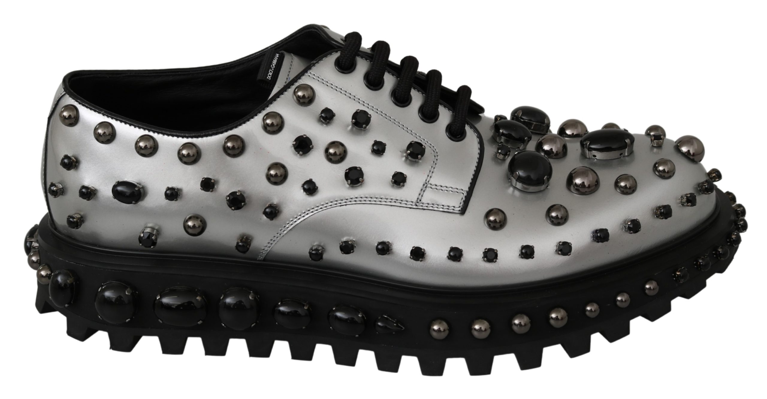 Dolce & Gabbana Men's Leather Crystal Studded Derby Shoe Silver MV3004 - EU44/US11