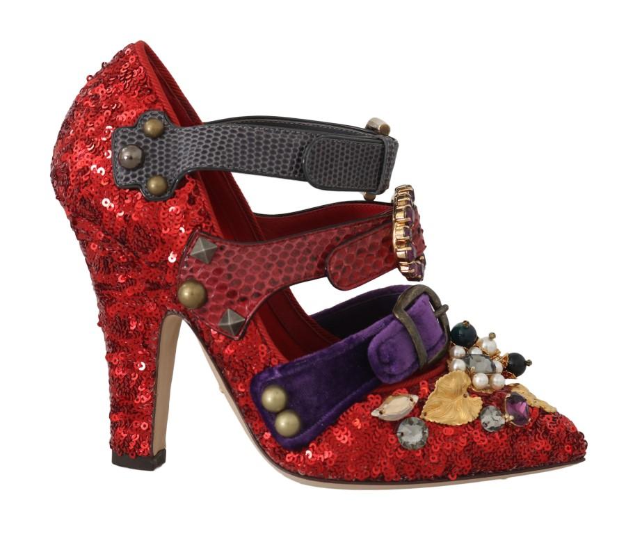 Dolce & Gabbana Women's Sequined Crystal Studs Heels Shoes Red LA5364 - EU36/US5.5