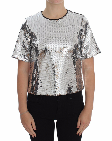 Silver Sequined Crewneck Blouse T-shirt Top - IT38|XS