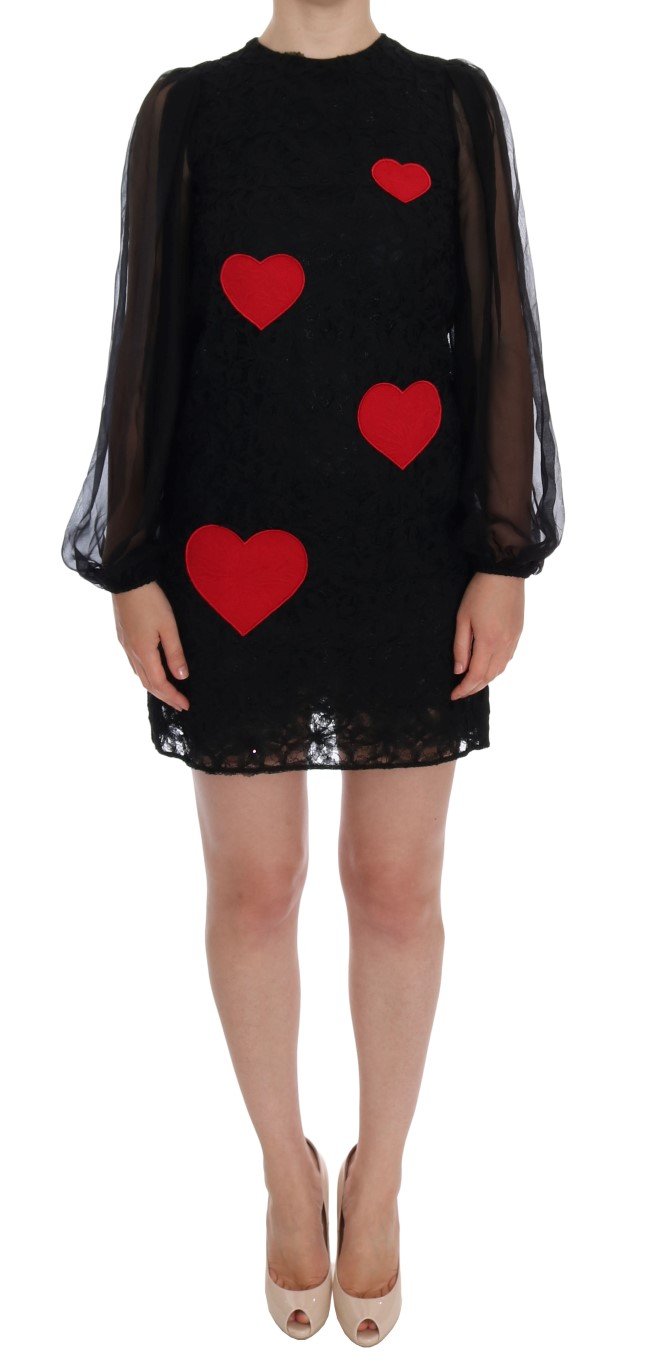 Dolce & Gabbana Women's Lace Red Heart Shift Dress Black DR999 - IT36 | XS