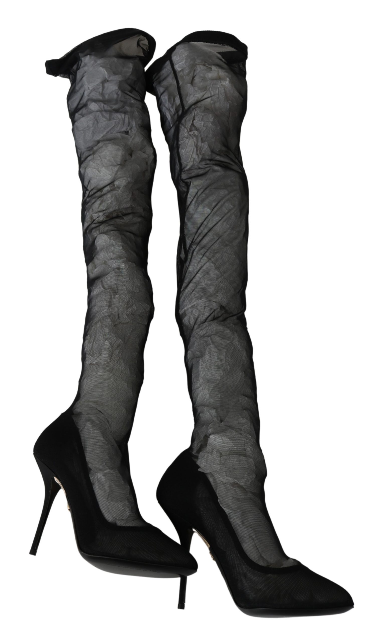 Dolce & Gabbana Women's Tulle Stretch Knee Boots Black LA6917 - EU37/US6.5