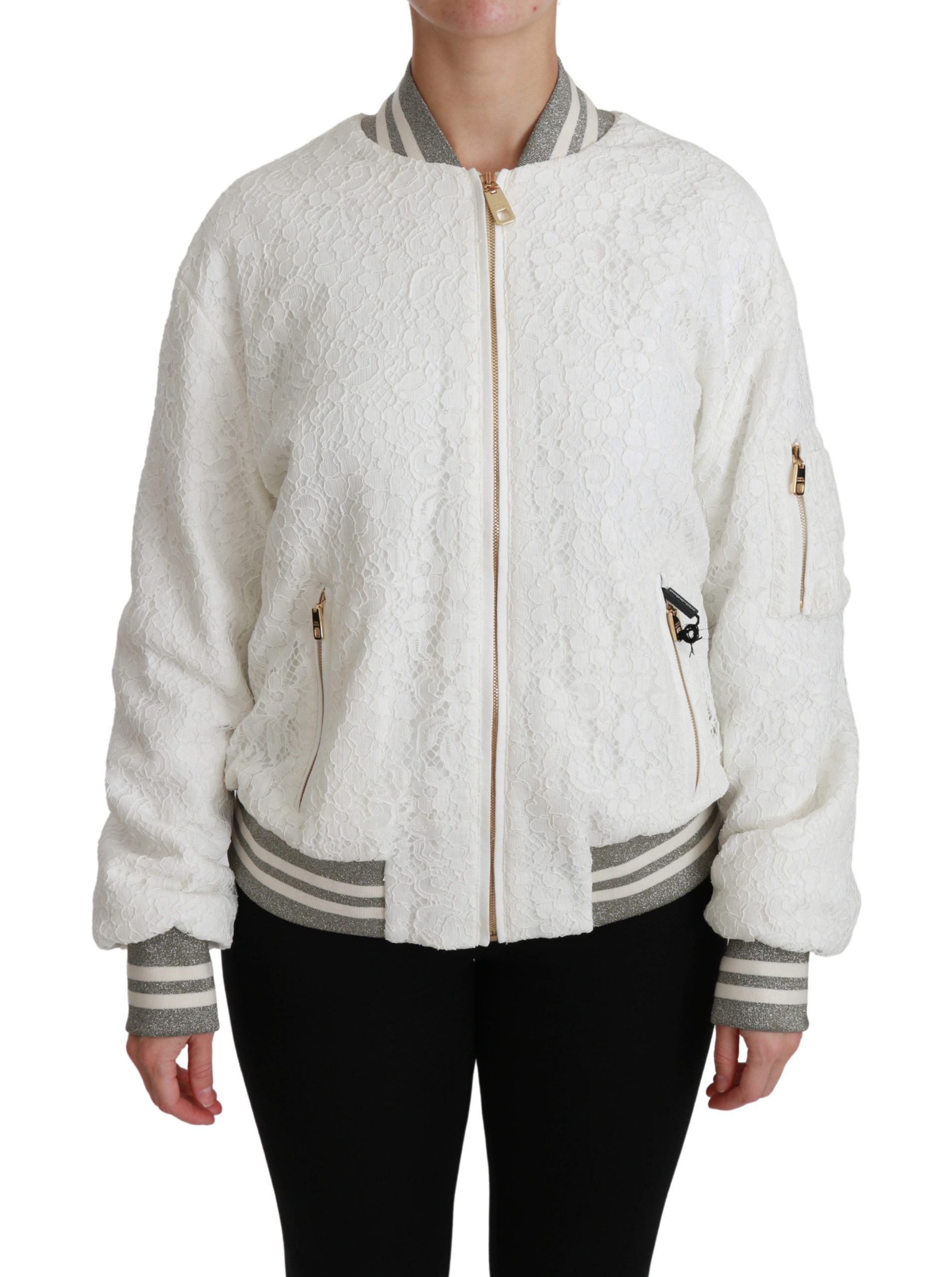 Dolce & Gabbana Women's Lace Full Zip Bomber Cotton Jacket White JKT2557 - IT40|S