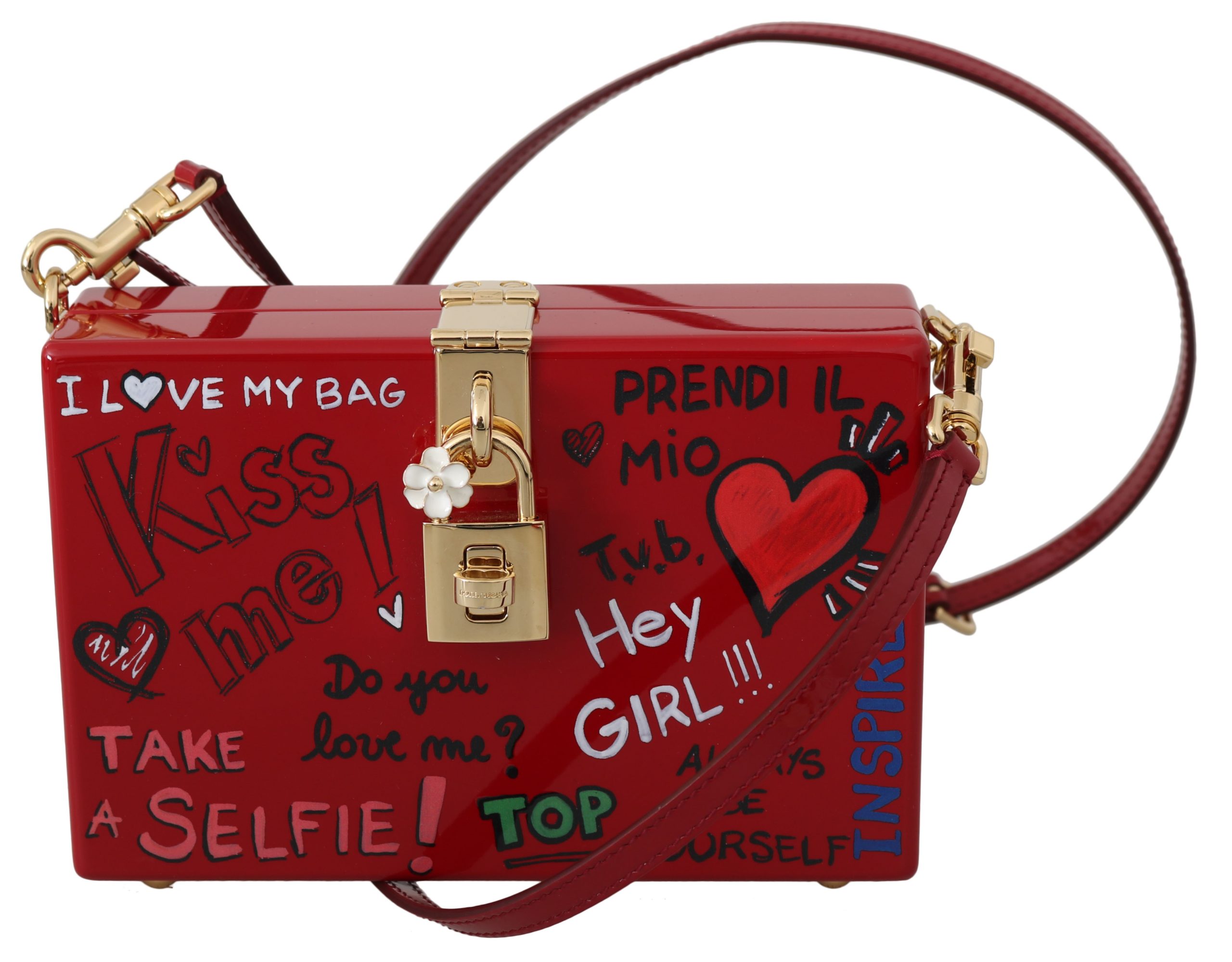 Dolce & Gabbana Women's Hand Painted Wooden Leather Shoulder Bag Red VAS8724