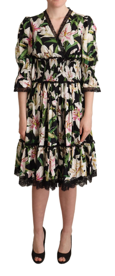 Black Cotton Lily Print Lace Trim Dress - IT36 | XS