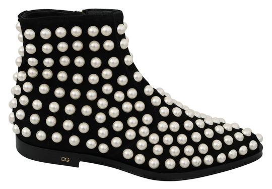 Dolce & Gabbana Women's Suede Pearl Studs Boots Black LA7217 - EU39/US8.5