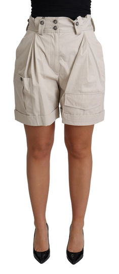 Beige Cotton Pleated High Waist Casual Shorts - IT40|S