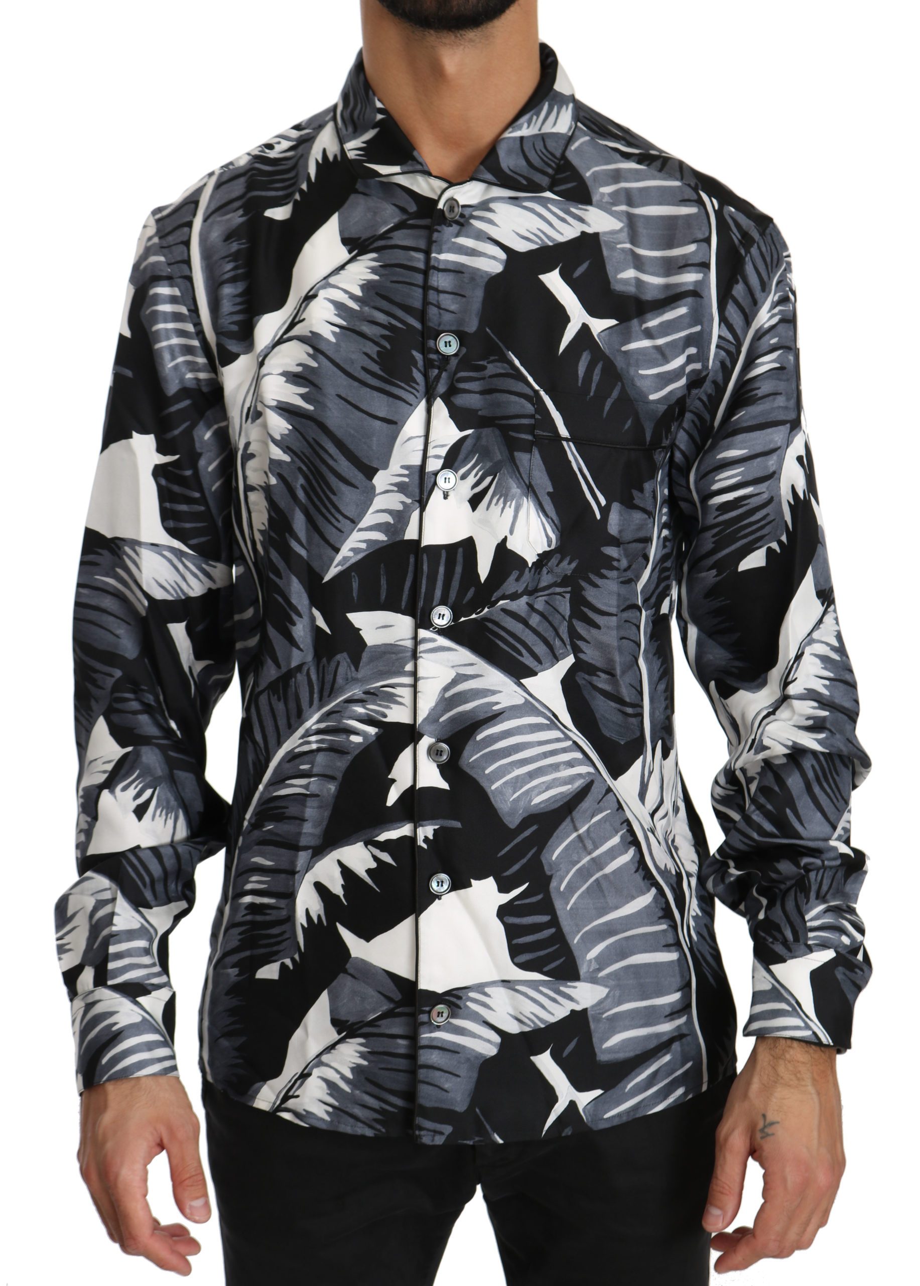 Dolce & Gabbana Men's Banana Leaves Silk Shirt Black TSH4010 - IT38 | XS