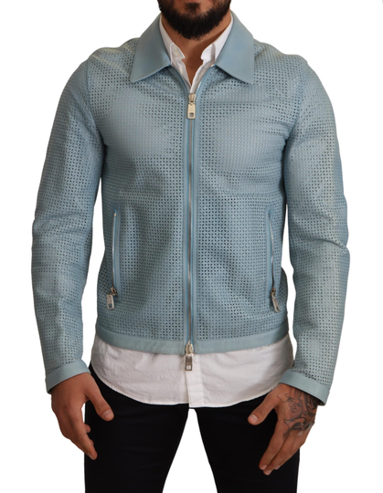 Blue Leather Full Zip Perforated Jacket - IT48 | M