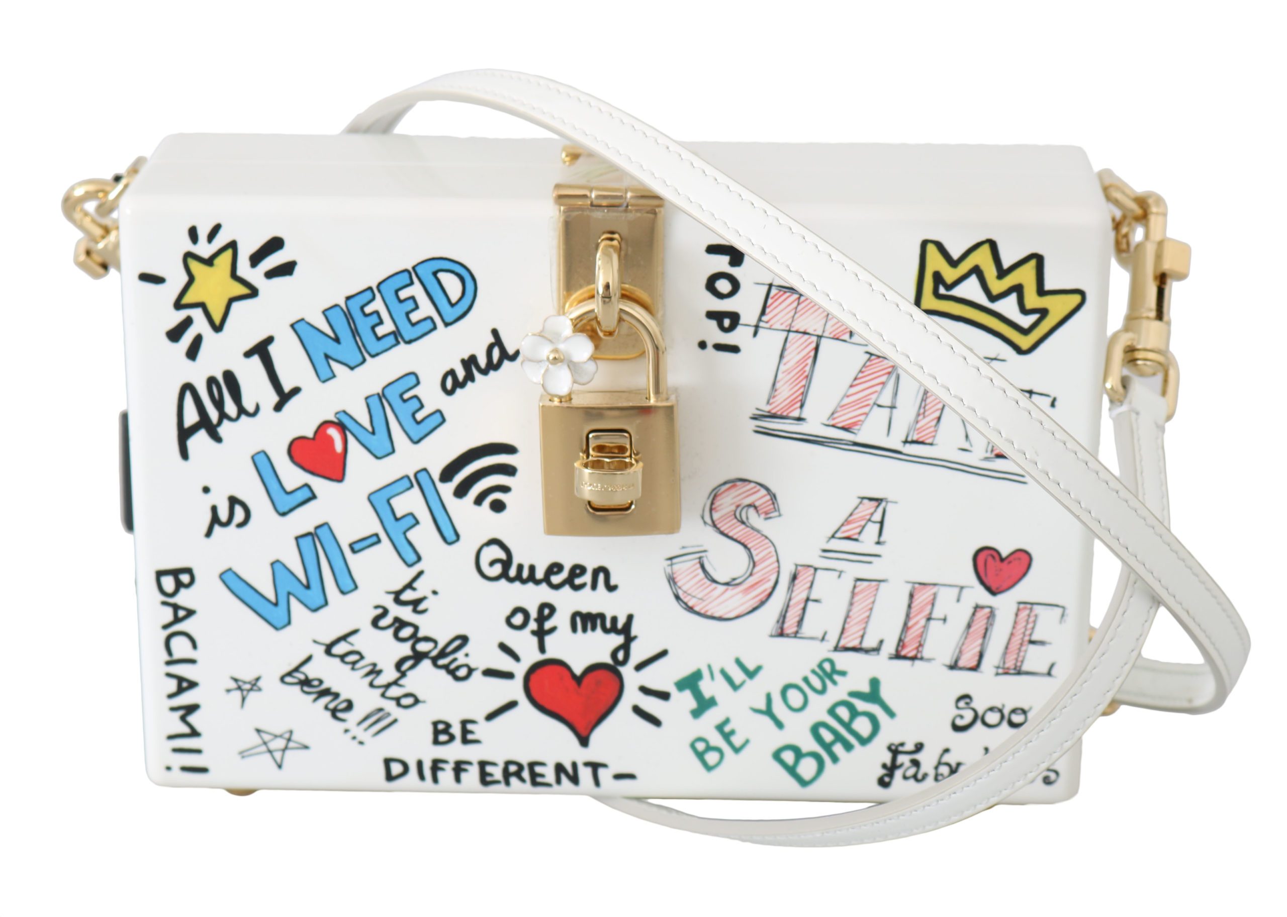 Dolce & Gabbana Women's Hand Painted Wooden Leather Shoulder Bag White VAS8696