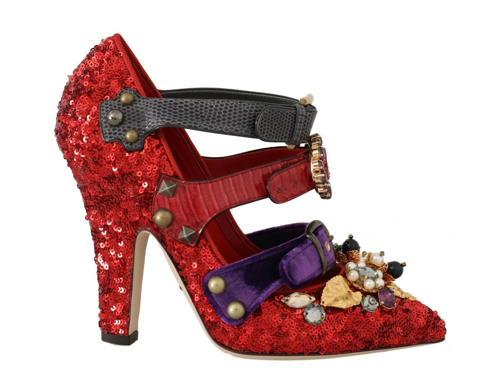Dolce & Gabbana Women's Sequined Crystal Studs Heels Red LA5607 - EU39/US8.5