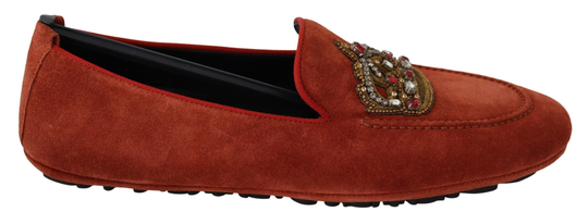 Orange Leather Crystal Crown Loafers Shoes - EU39/US6
