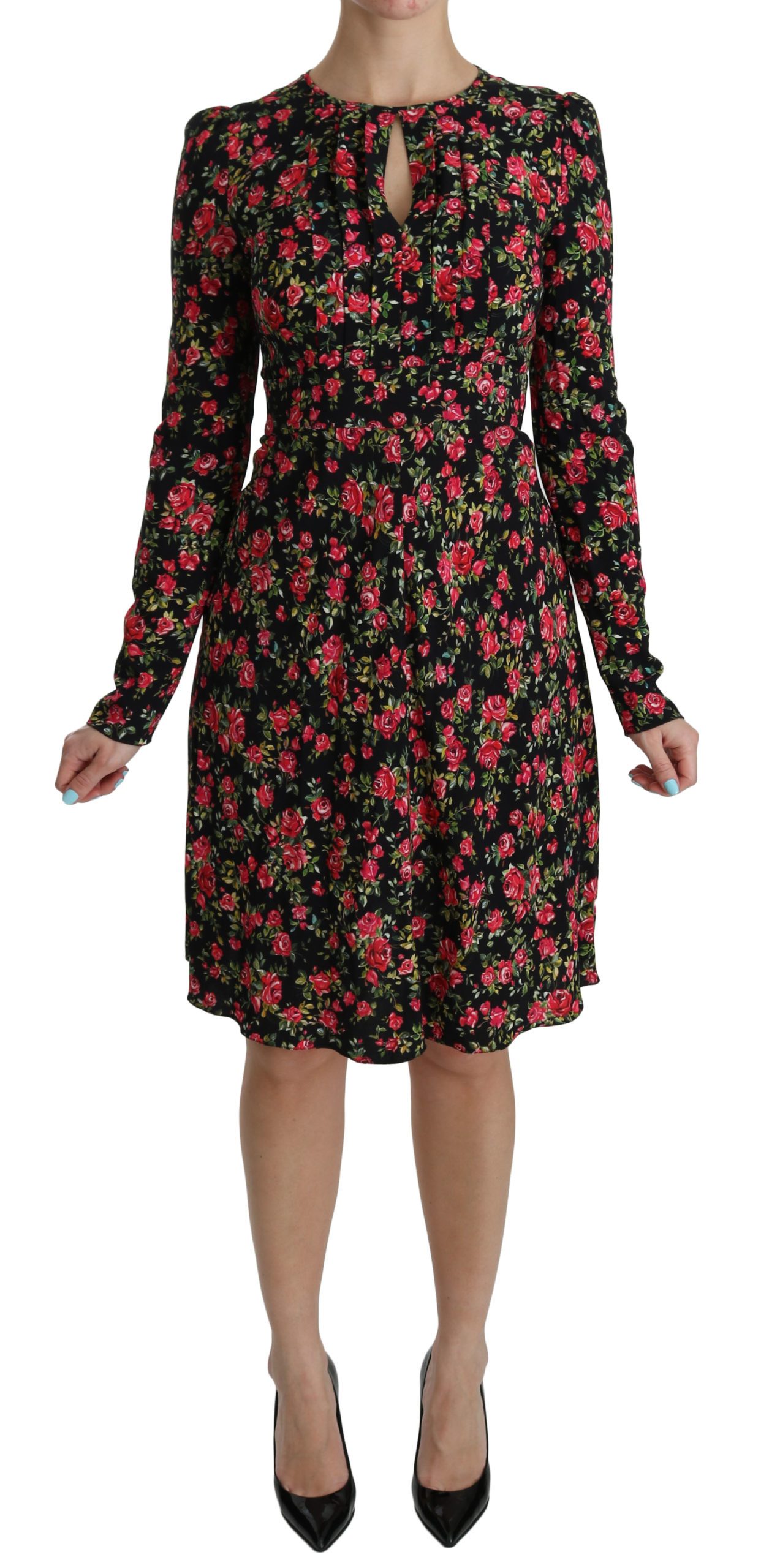 Dolce & Gabbana Women's Floral Longsleeve Knee Length Dress Black DR2088 - IT38|XS