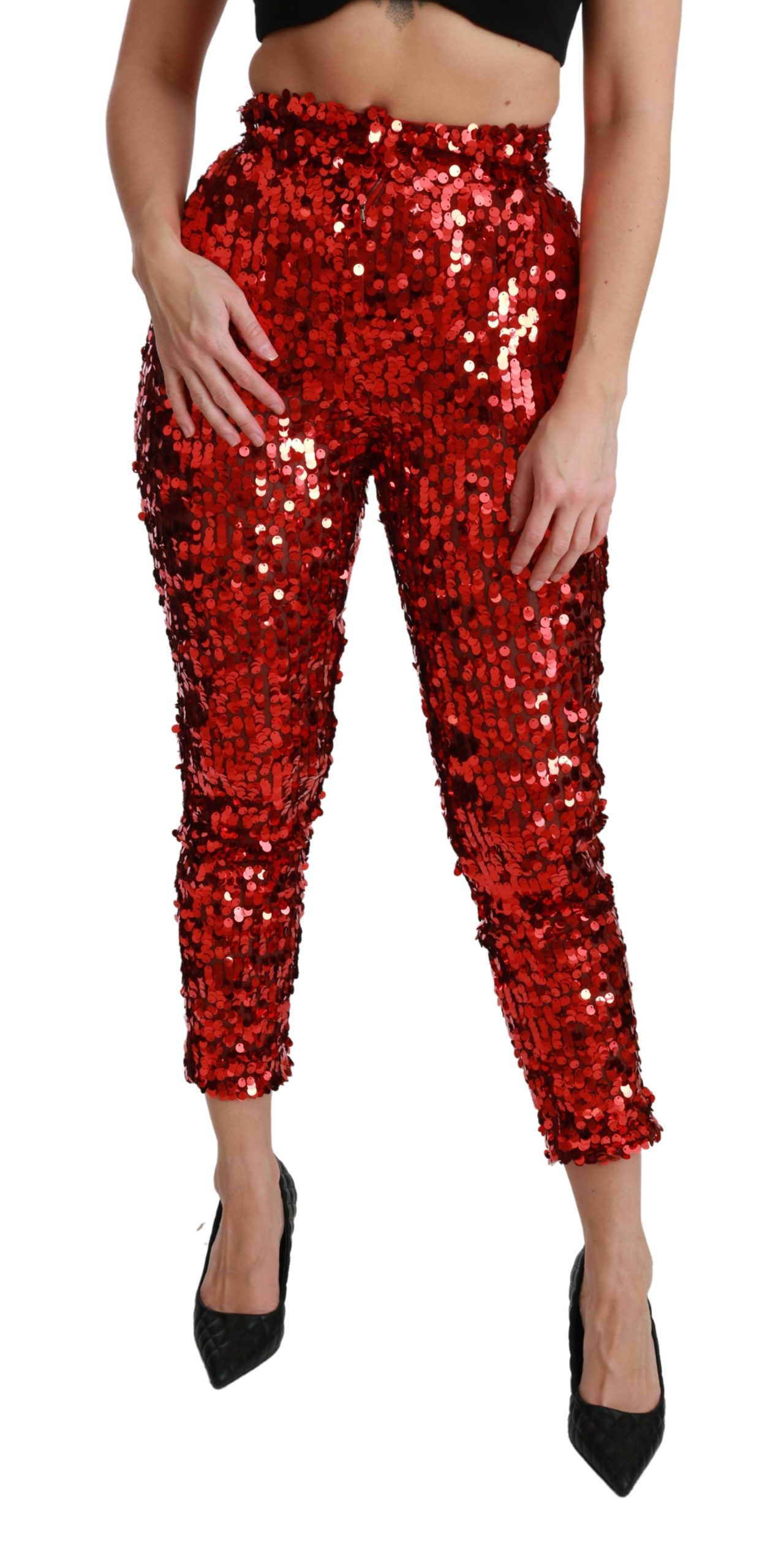 Dolce & Gabbana Women's Sequined Skinny High Waist Trouser Red PAN70943 - IT40|S
