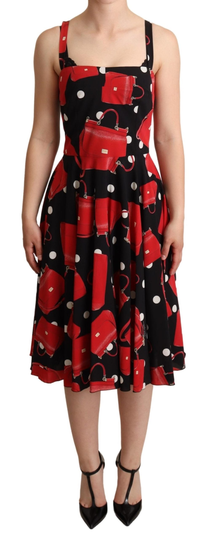 Black Red Bag Print A-line Mid Length Dress - IT36 | XS