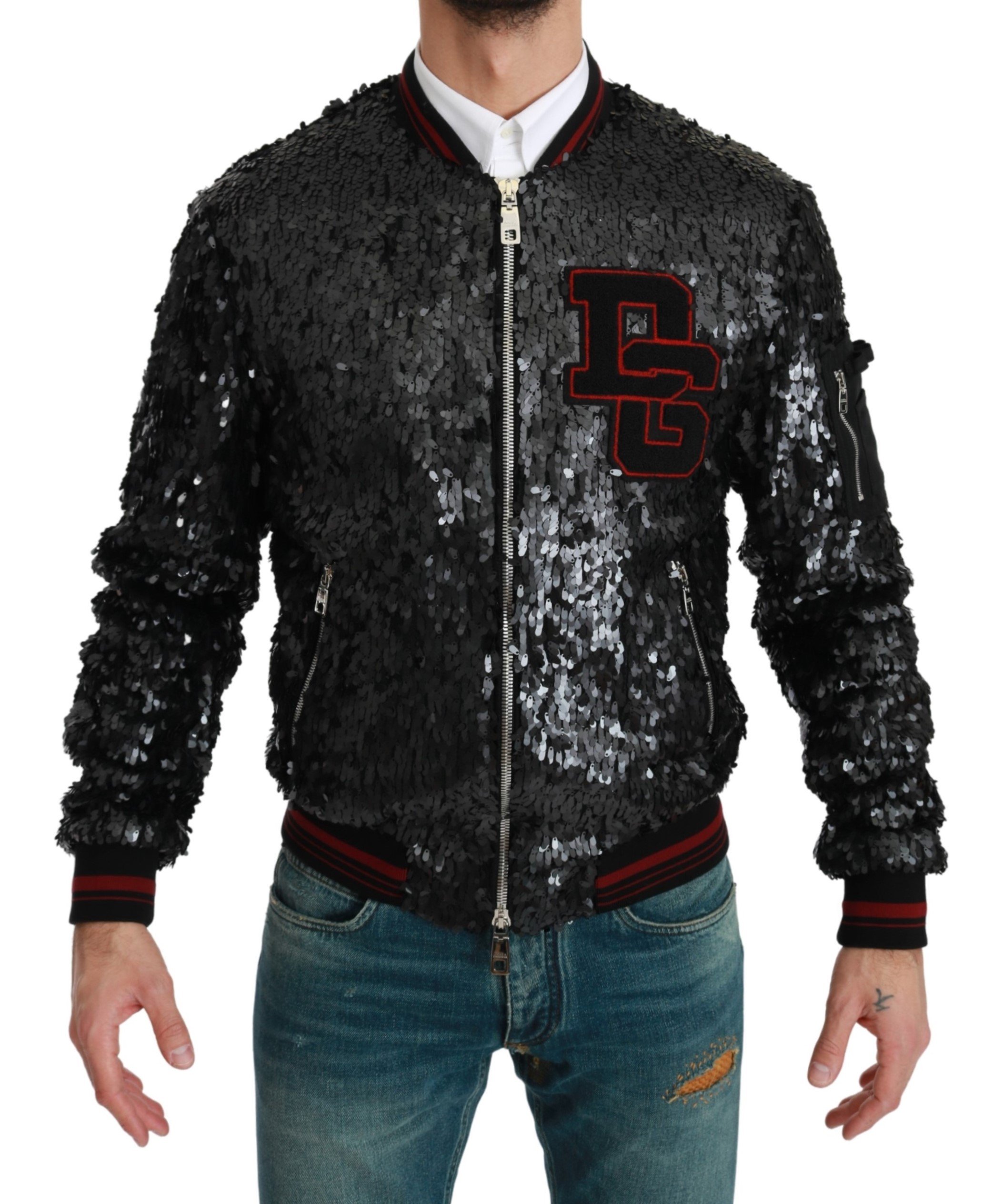 Dolce & Gabbana Men's Sequined Bomber Coat Jacket Black JKT2608 - IT44 | XS
