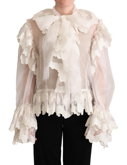 White Ascot Collar Silk Blouse Ruffled Top - IT44|L