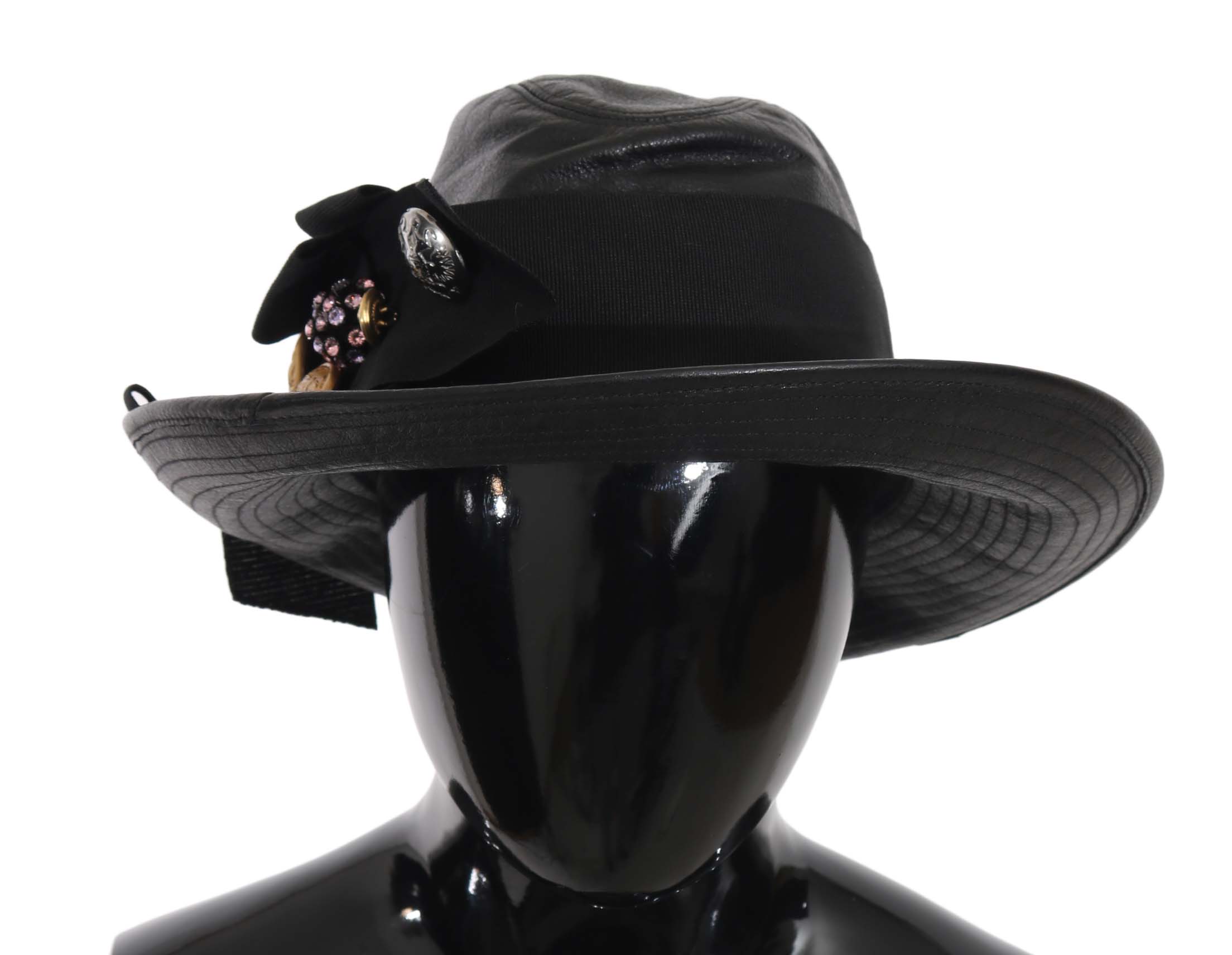 Dolce & Gabbana Women's Leather Wide Brim Crystal Hat Black HAT70130