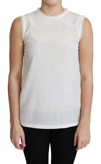 White Blouse Silk Lace Trimmed Sleeveless Top - IT38|XS