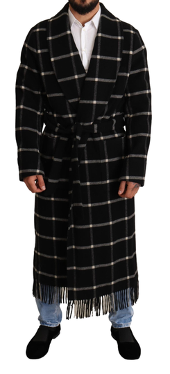 Black Plaid Wool Long Coat Robe Jacket - IT52 | XL