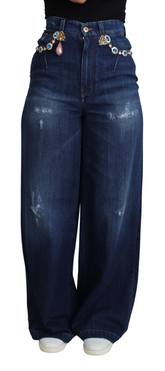 Blue Embellished Wide Leg Trouser Cotton Jeans - IT40|S