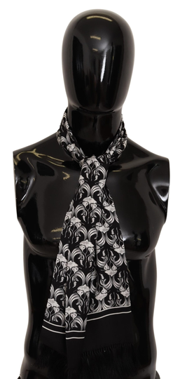 Black White Floral Silk Shawl Fringe Scarf