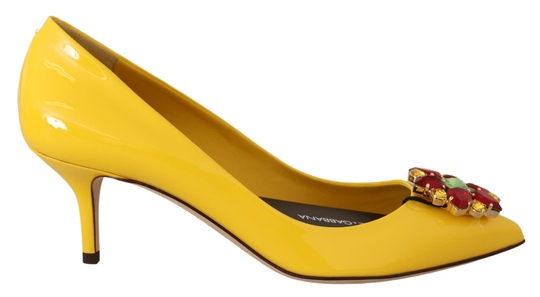Yellow Patent Leather Crystal Heels Pump Shoes - EU37.5/US7