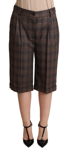 Brown Checkered Wool Bermuda Mid Waist Shorts - IT40|S