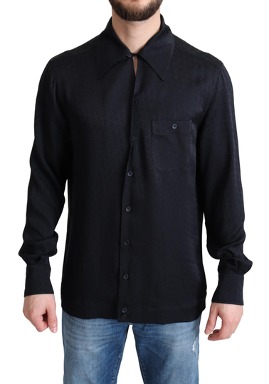 Black Jacquard Silk Casual Btton Doown Shirt - IT37 | XS