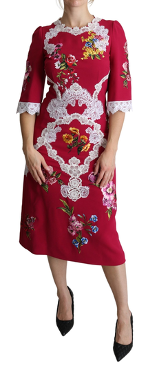 Red Floral Embroidered Sheath Midi Dress - IT42|M