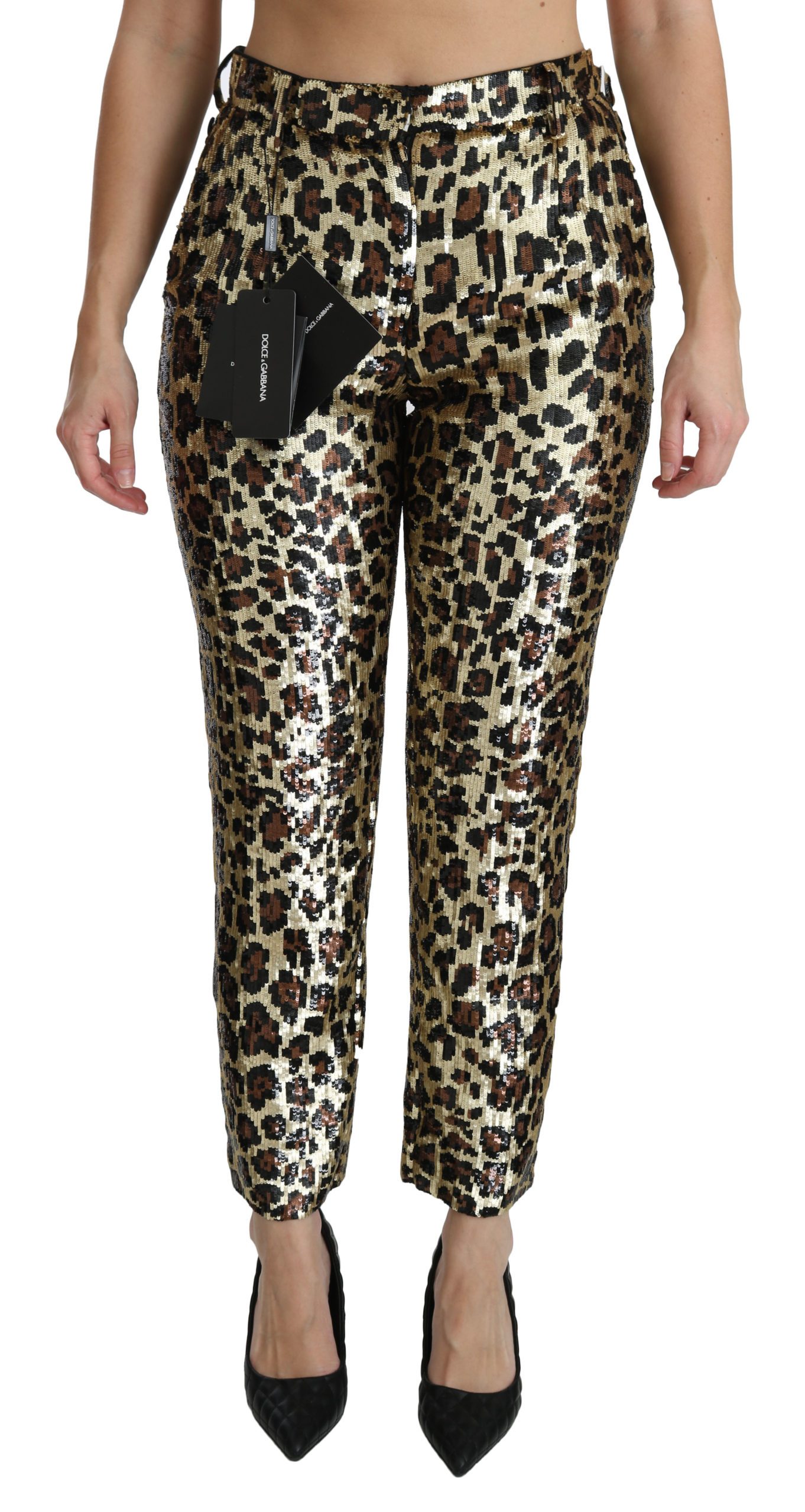 Dolce & Gabbana Women's Leopard Sequined High Waist Trouser Gold PAN70872 - IT38|XS
