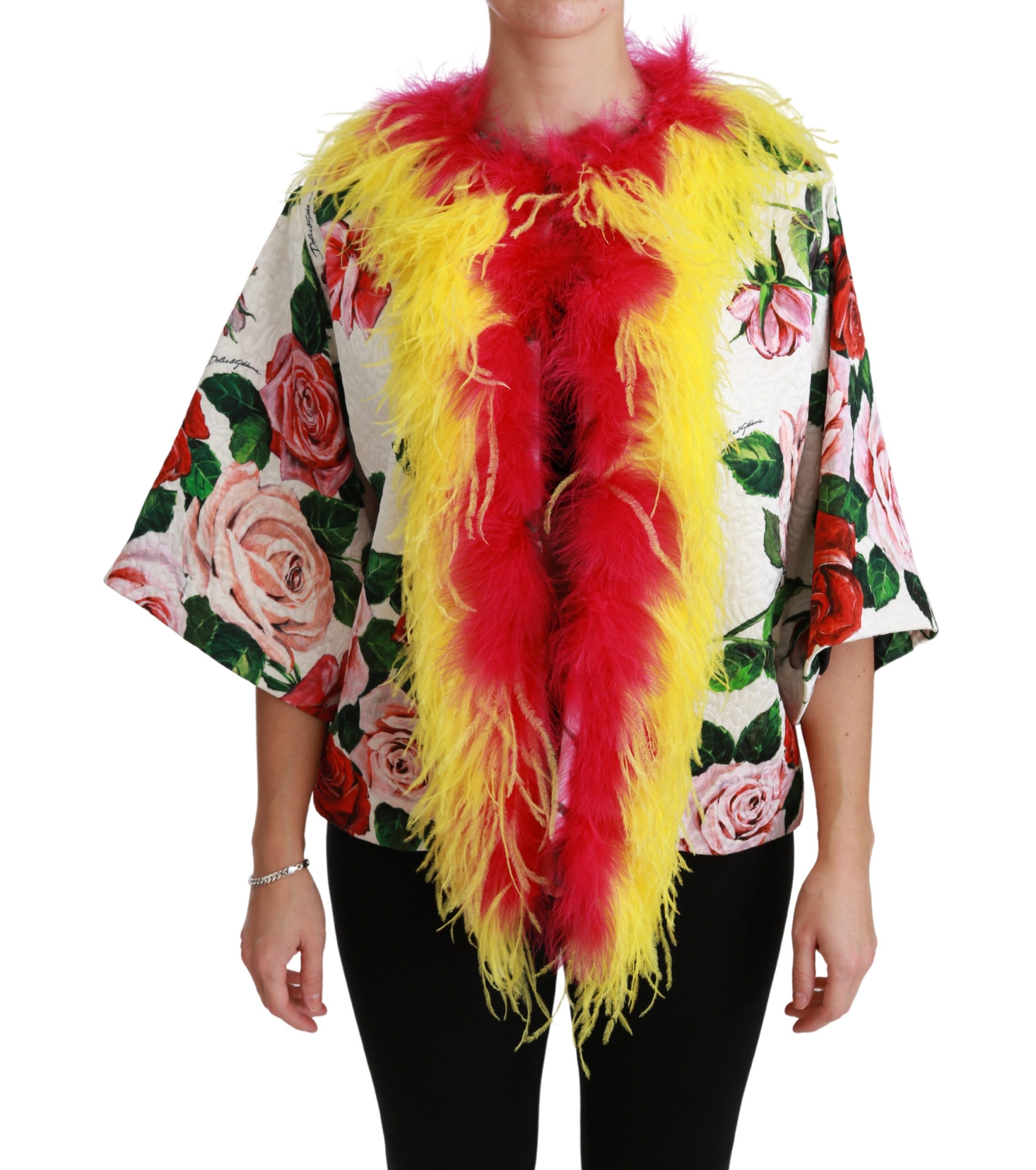 Dolce & Gabbana Women's Floral Coat Capte Fur Roses Jacket White JKT2573 - IT40|S