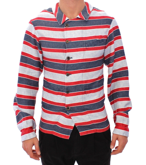 Blue Red Striped Runway Casual Linen Shirt - IT48 | M